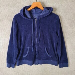 New York & Company Hoodie Womens XL‎ Blue Velour Full Zip Jacket Navy